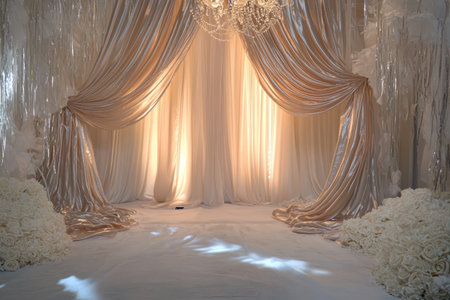 Abstract satin fabric drapes in soft champagne tones, with highlights that create a luxurious, flowing effect.の素材