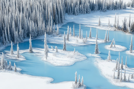 Aerial view of a frozen lake, with snow-covered trees and icy blue waters, creating a stark, beautiful contrast of textures.の素材