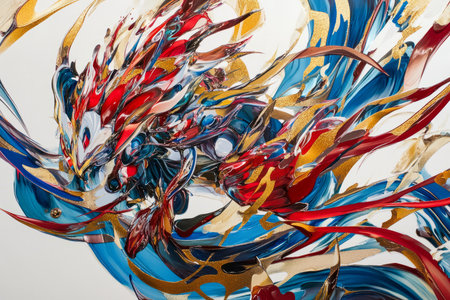 Colorful fluid acrylic pour, with rich swirling layers of red, blue, and gold, creating a mesmerizing abstract effect.の素材