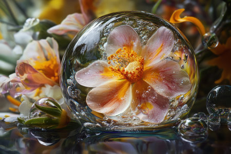 Dreamy water droplet reflections, magnifying abstract colorful shapes beneath the glassy surface.の素材