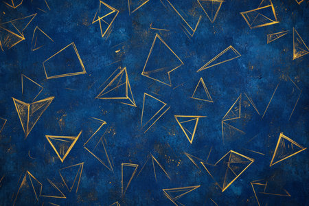 Hand-drawn geometric shapes in gold ink, scattered across a rich deep blue background, creating a refined, artisanal effect.の素材