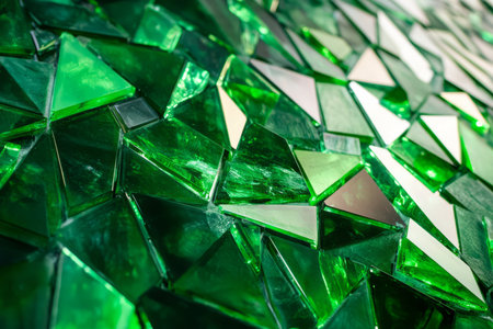 Emerald green glass mosaic, with light reflecting off the geometric facets, creating a dazzling and luxurious effect.の素材