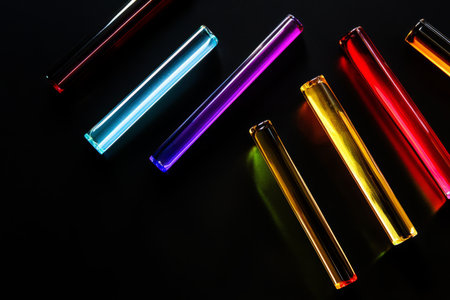Glass prism light refractions, scattering vivid colors across a minimalist black background.の素材