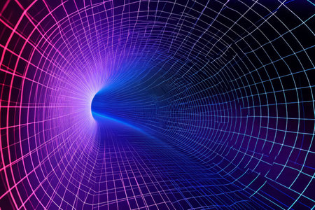 Futuristic wireframe grid pattern, glowing in shades of neon blue and purple, creating a high-tech abstract look.の素材