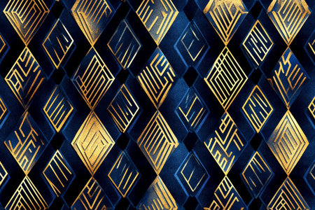 Geometric diamond-shaped patterns in deep blue and metallic gold, arranged in a symmetrical, minimalist style for a modern, sophisticated design.の素材