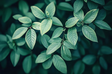 Green tropical leaves overlapping, creating a natural and organic abstract composition.の素材