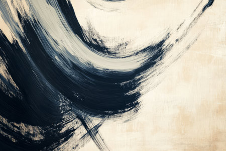 Hand-painted abstract brushstrokes in charcoal gray, flowing across a textured beige canvas, creating an organic and artistic background.の素材