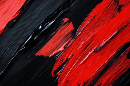 Hand-painted abstract strokes, in bold red and black, forming expressive brushwork on a raw canvas.の素材