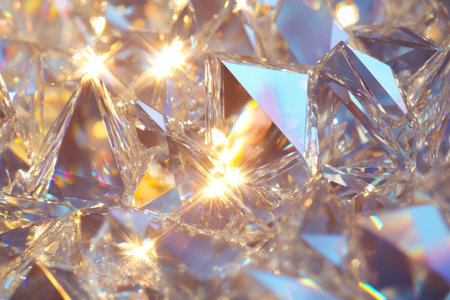 High-end crystal reflections, with prismatic light flares and a mix of silver, blue, and gold tones, creating a sparkling abstract effect.の素材
