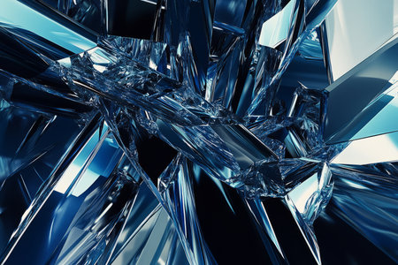 Modern polygonal abstract background, with three-dimensional shapes in navy blue, silver, and turquoise, creating depth and movement.の素材