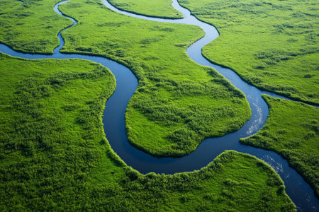 Satellite image of a delta river system, with branching blue channels cutting through the lush green land.の素材