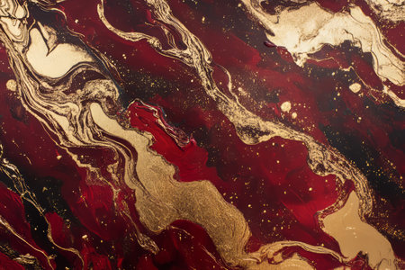 Rich red and gold abstract background featuring elegant swirling patterns, luxurious textures, and a sophisticated aesthetic.の素材