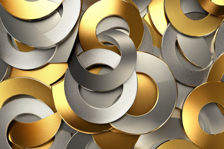 Overlapping circular patterns in metallic gold and silver, arranged in a modern, futuristic geometric layout.の素材
