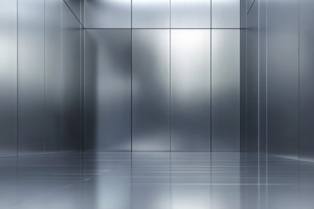 Sleek gray abstract background with metallic textures, modern minimalistic aesthetics, and smooth reflective surfaces.の素材
