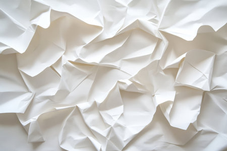 White paper folds and creases, forming an abstract three-dimensional pattern. The crisp shadows and highlights add depth and structure to the minimalist composition.の素材