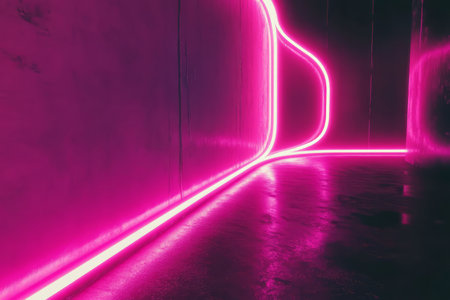 Fuchsia neon light streaks, dynamically flowing across a dark background, adding an energetic and futuristic vibe.の素材