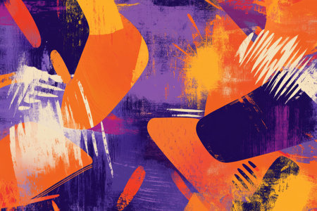 A modern orange and purple abstract background with geometric shapes, bold brush strokes, and vibrant colors. A fun, energetic, and youthful composition perfect for creative projects.の素材