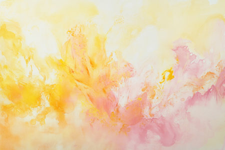 A soft pastel yellow and pink abstract background with delicate watercolor effects and light airy brush strokes. A warm and inviting composition.の素材