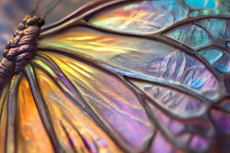 Textured butterfly wings with iridescent colors, delicate veins and soft, luminous surface reflecting light at different angles.の素材