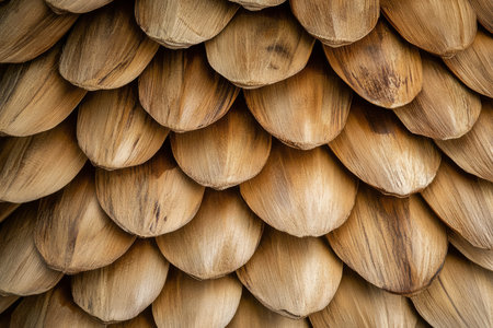 Textured pinecone surface, layered wooden scales forming an intricate, natural geometric pattern.の素材