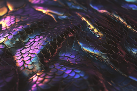 Highly detailed snake skin texture, featuring overlapping scales with reflective iridescence, capturing both the strength and grace of reptiles.の素材