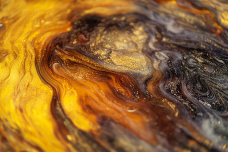 Macro shot of molten gold with swirling reflections, flowing metallic texture in motion.の素材