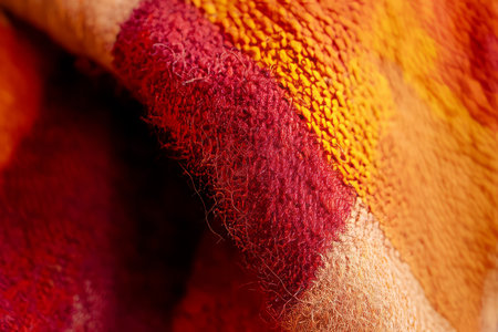 Macro shot of handwoven Moroccan textile, rich red and orange geometric patterns with thick wool fibers.の素材