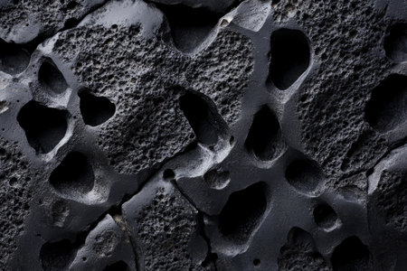 Macro shot of lava rock texture, porous black volcanic stone with rugged, irregular holes.の素材