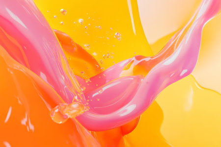 Abstract representation of fluid dynamics with swirling liquid shapes in a vibrant mix of orange, pink, and yellow, creating energy and organic movement.の素材