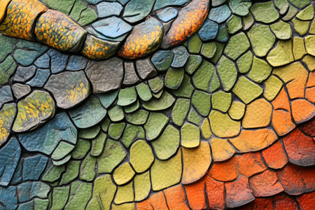 Ultra-detailed chameleon skin texture, color-changing scales forming a mesmerizing mosaic of greens, blues, and oranges.の素材