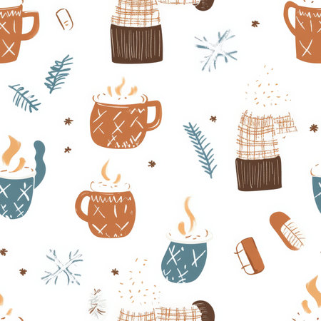 A warm knitted sweater pattern with textured yarn, cozy mittens, and steaming mugs of cocoaの素材