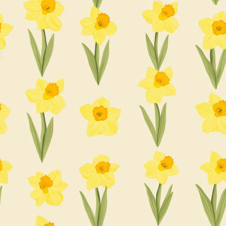 A charming daffodil pattern with bright yellow flowers symbolizing renewal and springの素材