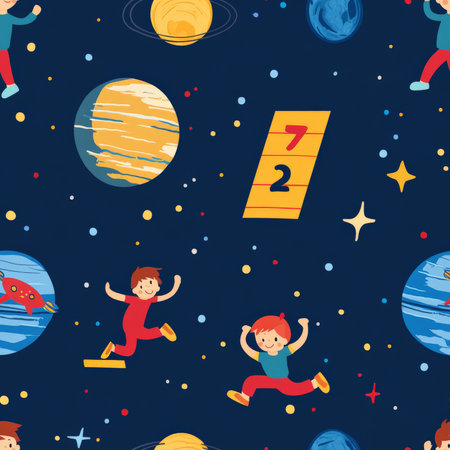 A playful hopscotch pattern where kids jump across planets instead of numbers, leaping through the galaxyの素材