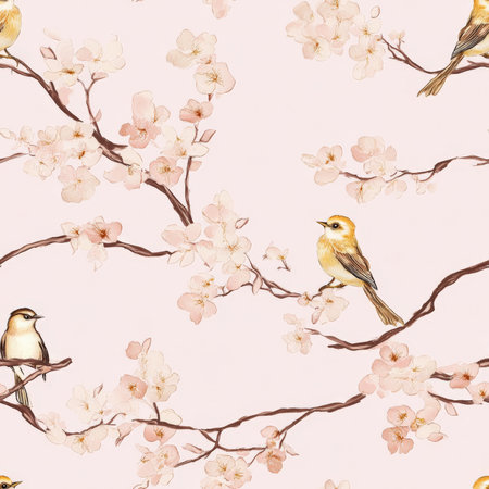 A dreamy cherry blossom branch pattern with golden birds perched on delicate pink flowersの素材