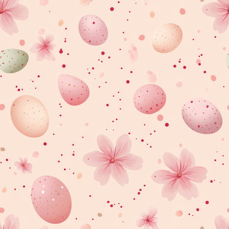 A dreamy cherry blossom Easter pattern with fluffy pink petals and pastel eggsの素材