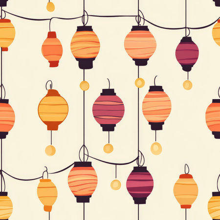 A festive lantern garland pattern with hanging decorative lights in warm tonesの素材