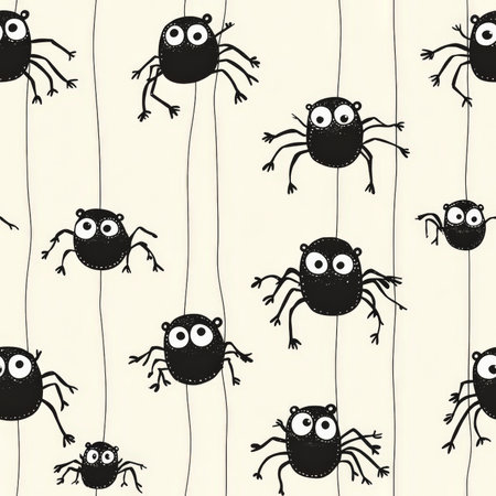 A playful spider pattern with cute, wide-eyed spiders hanging from threadsの素材