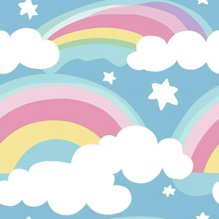 A magical Easter rainbow pattern with soft pastel arcs and fluffy white cloudsの素材