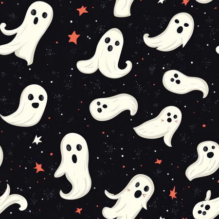 A floating ghost pattern with cute, friendly spirits swirling around on a dark nightの素材