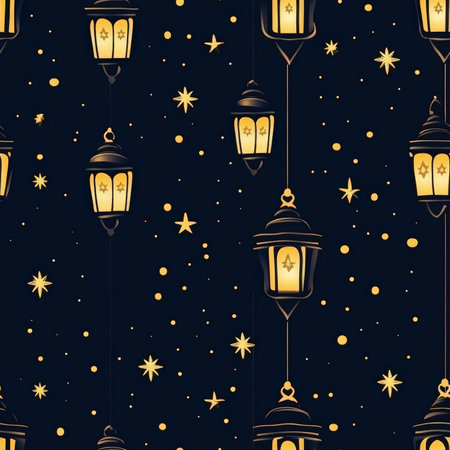 A beautiful lantern pattern with hanging Ramadan lights, glowing softly against a dark skyの素材