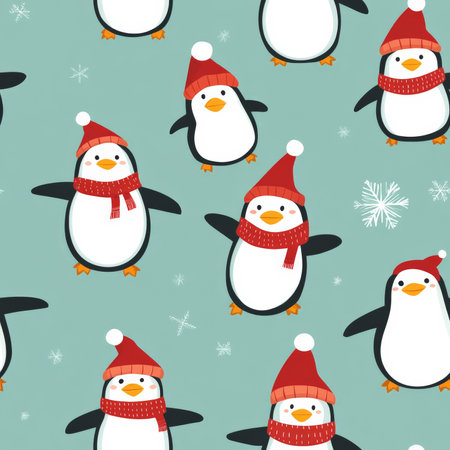 A playful penguin pattern with cute penguins wearing Christmas hats and scarvesの素材