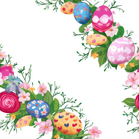 A wreath of spring flowers pattern with Easter eggs hidden among petalsの素材