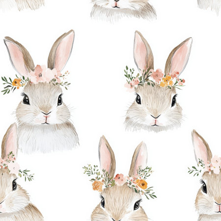 A watercolor bunny portrait pattern with adorable rabbit faces and floral crownsの素材
