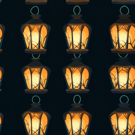 A glowing Halloween lantern pattern with warm candlelight inside vintage lanternsの素材
