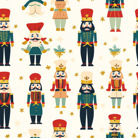 A whimsical nutcracker soldier pattern with colorful uniforms, golden trim, and festive posesの素材