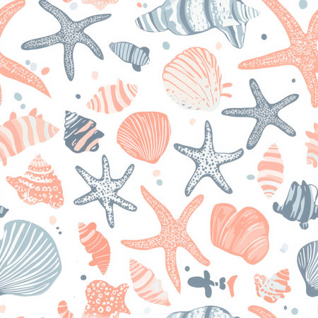 A fun seashell and starfish pattern featuring ocean treasures in pastel and coral tonesの素材