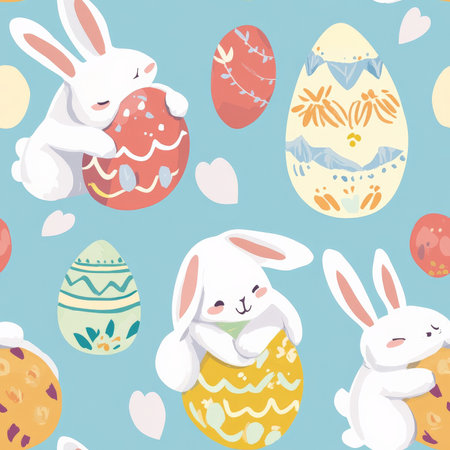 A bunny hugging an Easter egg pattern, showing adorable rabbits cuddling colorful eggsの素材