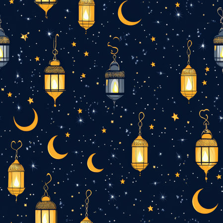 A starry night Ramadan pattern featuring softly illuminated lanterns and crescent moonsの素材
