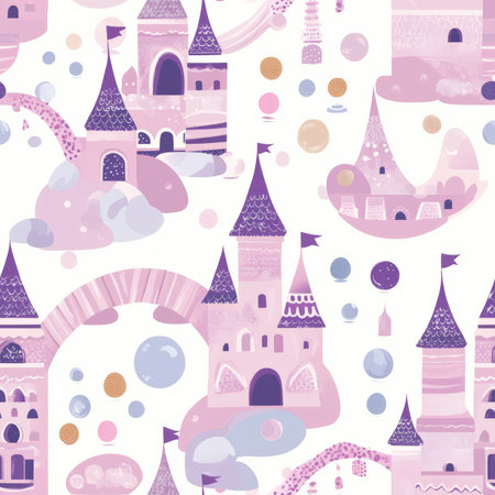 A whimsical fairy tale castle pattern featuring towers made of ice cream, bridges of candy, and floating magical bubblesの素材