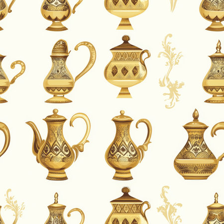 A traditional Arabic coffee pattern with golden coffee pots and decorative cupsの素材